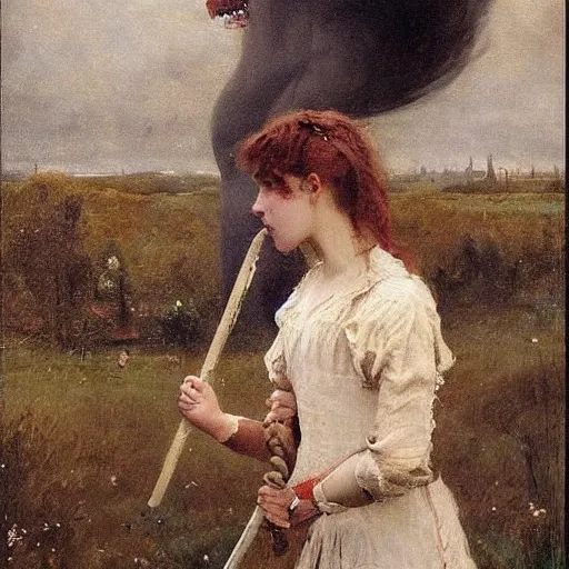 Image similar to young victorian woman fighting a monster, by alfred stevens