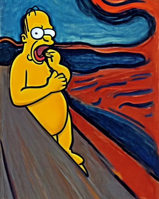 Prompt: a painting of homer simpson screaming in the scream by edvard munch