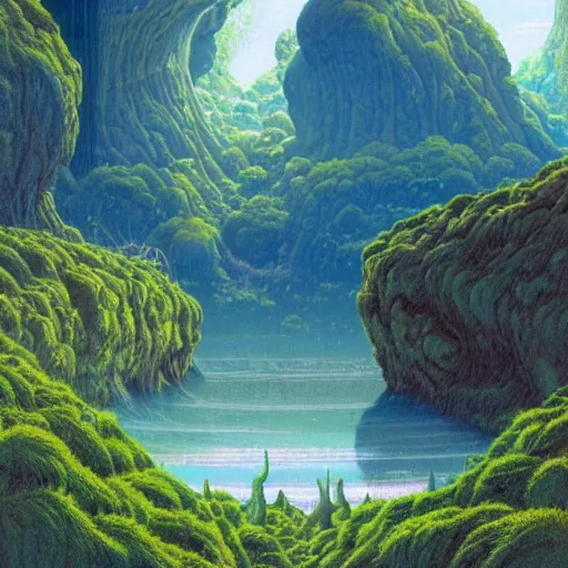 Image similar to painting of a lush natural scene on an alien planet by michael whelan. beautiful landscape. weird vegetation. cliffs and water.