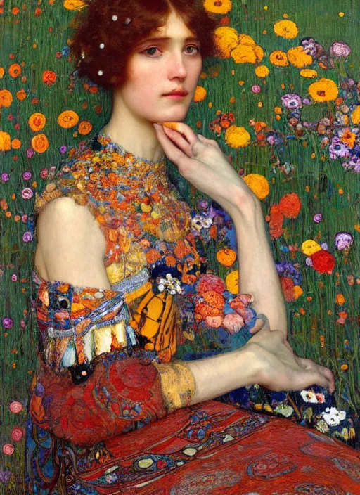 Prompt: a beautiful woman in a colorful dress surrounded by colorful patterns and flowers by john william waterhouse and gustave klimt and and edgar maxence and michael whelan, artistic, intricate realistic fantasy, extremely detailed and beautiful face, 8 k resolution, dramatic lighting