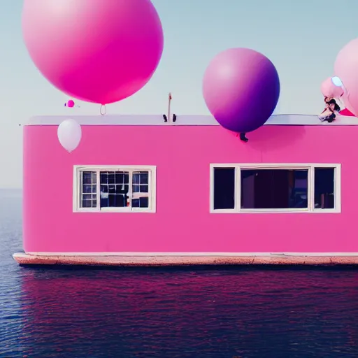 Prompt: a 5 0 mm lens photograph of a cute pink floating house inspired by the movie up, floating by three tiny vibrant ballons, mist, playful composition