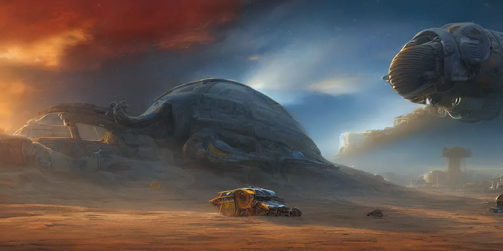 Image similar to legendary space ship, elephant shape, desert planet, alien technology, cinematic, highly detailed, large blue engines, scifi, yellow windows and details, hyper realism, intricate digital painting, red glow, gigantic landing pad, scifi base, artstation, by johnson ting, jama jurabaev