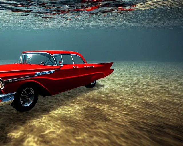 Image similar to red 1 9 5 8 plymouth fury submerged under water, cinematic, photoreal, by red dead redemption 2