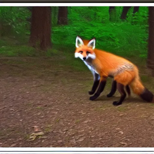 Image similar to trailcam footage of a fox dancing with a cat. night vision, fast shutter speed. caught on camera