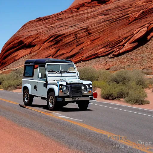 Image similar to a vintage land rover defender drives along a 2 lane road in the valley of fire