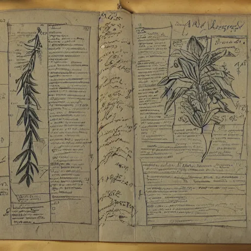 Image similar to an ancient drawing from a herbalist journal showing strange herbs, pencil, notes, old paper, heavy details.