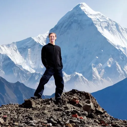 Prompt: Mark Zuckerberg standing on top of Mount Everest