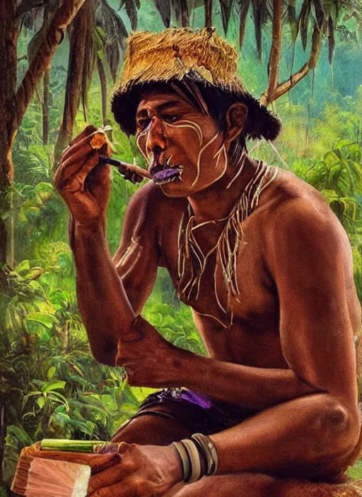 Prompt: a beautiful painting of an indigenous man taking tobacco snuff in the amazonian jungle , fantasy art, matte painting, highly detailed