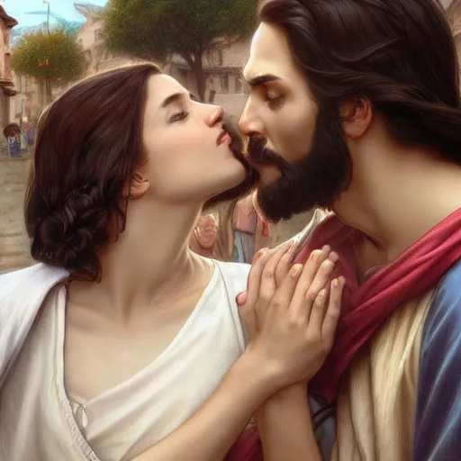 Image similar to jesus kissing a woman in a street, elegant, highly detailed, digital painting, artstation, concept art, matte, sharp focus, highly detailed, 4 k, hdr, smooth, sharp focus, high resolution, award - winning photo, photorealistic, art by artgerm and greg rutkowski and alphonse mucha, large shot