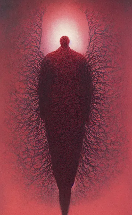 Image similar to black dramatic portrait painting of human with black mandelbrot fractal instead of face, in style of zdzisław beksinski, dark red, horror, body horror, scary,