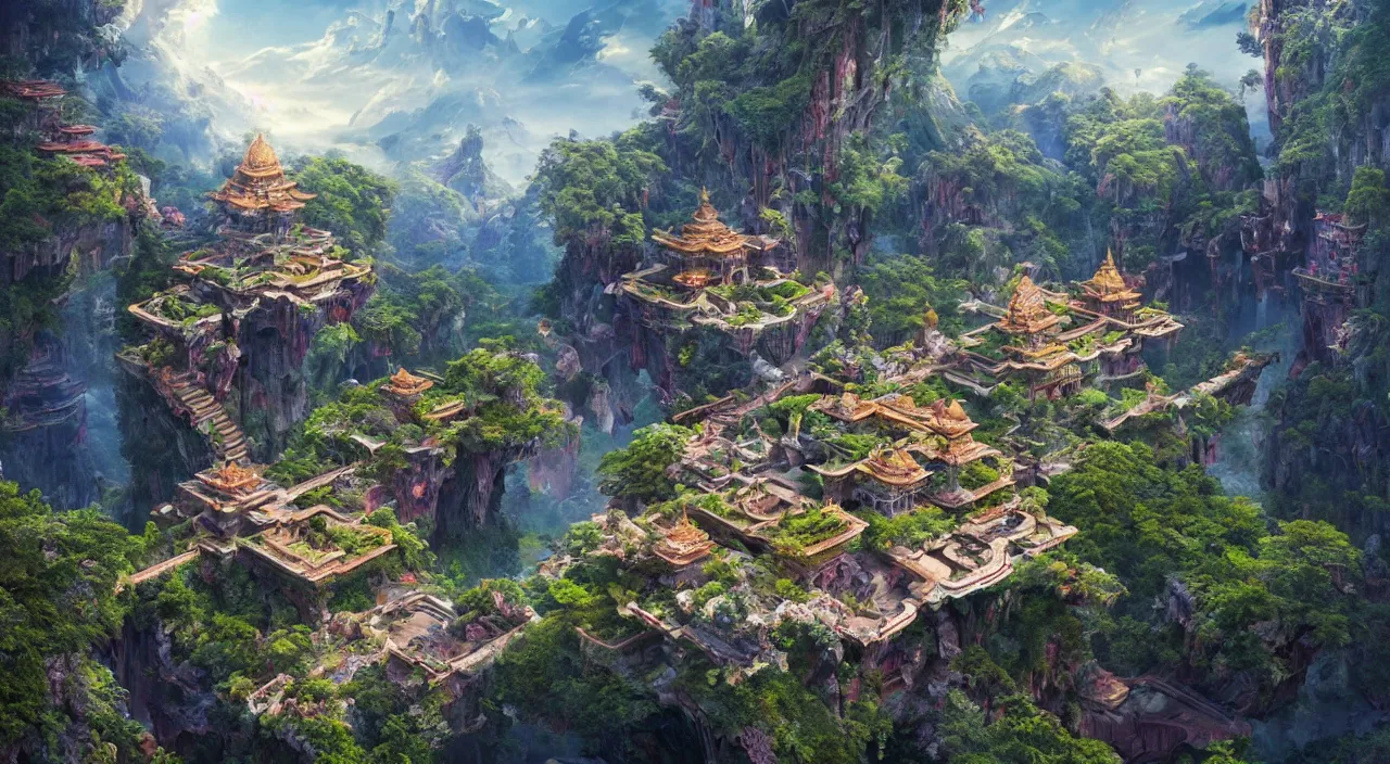 Prompt: visions of a gorgeous landscape of utopian nature surrounding shangri la with vedic architecture and precise details with elaborate details by greg rutkowski | mandelbulb 3 d, reflections, photorealism, hyperrealism, vibrant colors, unreal engine, volumetric lights, ambient occlusion, octane render