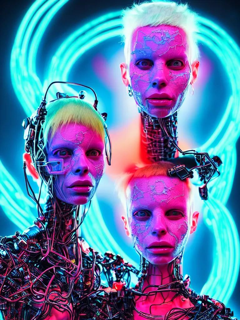 Prompt: Portrait of Yolandi Visser wearing epic bionic cyborg implants of different vibrant colors, using cyber VR glasses with neon display, detailed intricate ornate cables connected to head, by Dan Mumford and Naoto Hattori, extremely beautiful and proportionate face, in the aesthetic of mert and marcus, masterpiece, intricate, elegant futuristic wardrobe, highly detailed, digital painting, Matrix Theme, artstation, concept art, crepuscular rays, smooth, sharp focus, illustration, background made from fractals of vibrant universe stars, cyberpunk colors, volumetric lighting, art by artgerm and james jean and Nick Sullo