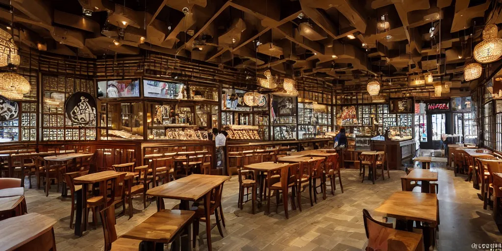 Prompt: interior of a starbucks built inside the forbidden city in china, photography