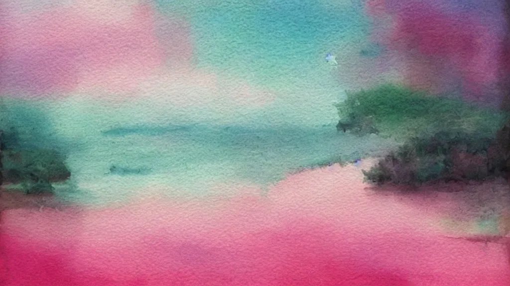 Image similar to watercolor landscape, pink and teal, high key lighting, trending in pinterest