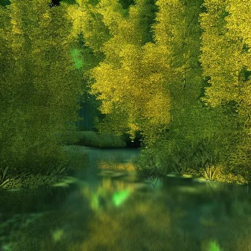 Image similar to river in a forest, golden hour, ray tracing reflection, 8k, hyper realistic, insainly detailed, hdr, octan render,