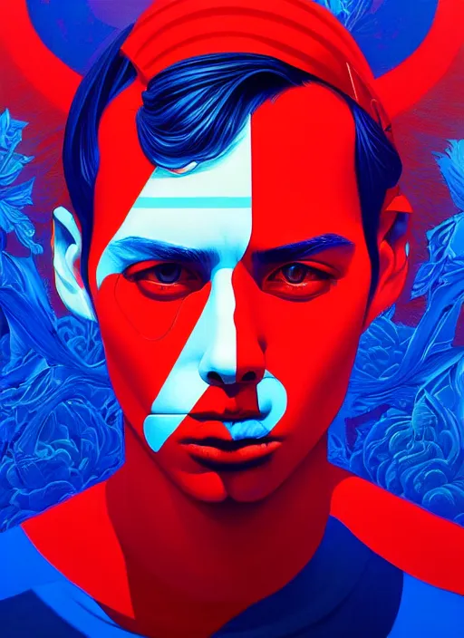 Image similar to red and blue color theme, beautiful hyperrealisitic portrait of burning police officer, tristan eaton, victo ngai, artgerm, rhads, ross draws