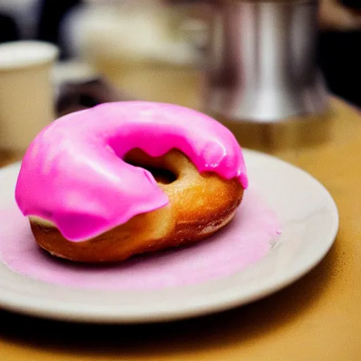 Image similar to a donut, pink frosting, on a plate in a busy diner, cinestill 800