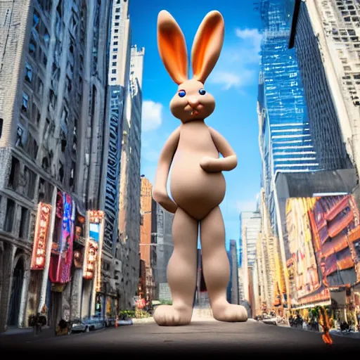 Image similar to a clay sculpture of a funny bunny, new york city background, hyper realistic, 3 d render