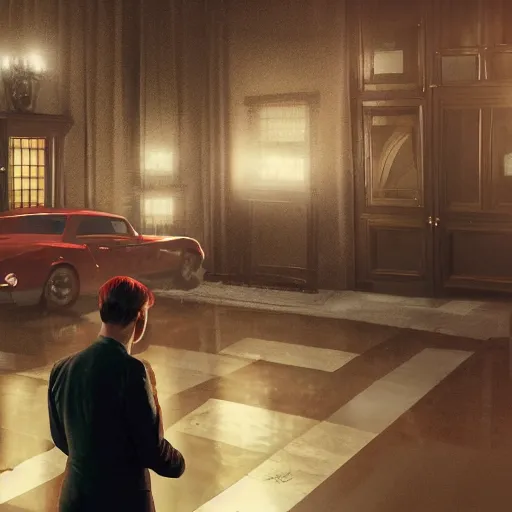 Prompt: a red headed man receiving a subpoena from the fbi at his mansion, ultra photorealistic film still in new york. sparkling lights, wide shot, frog perspective, ultra sharp, wes anderson, studio ghibli, pixar and disney animation, octane render, anime key art by greg rutkowski, bloom, dramatic lighting,