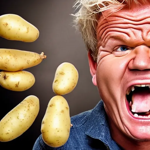 Prompt: Extremely angry Gordon Ramsey is yelling at a potato, studio photography