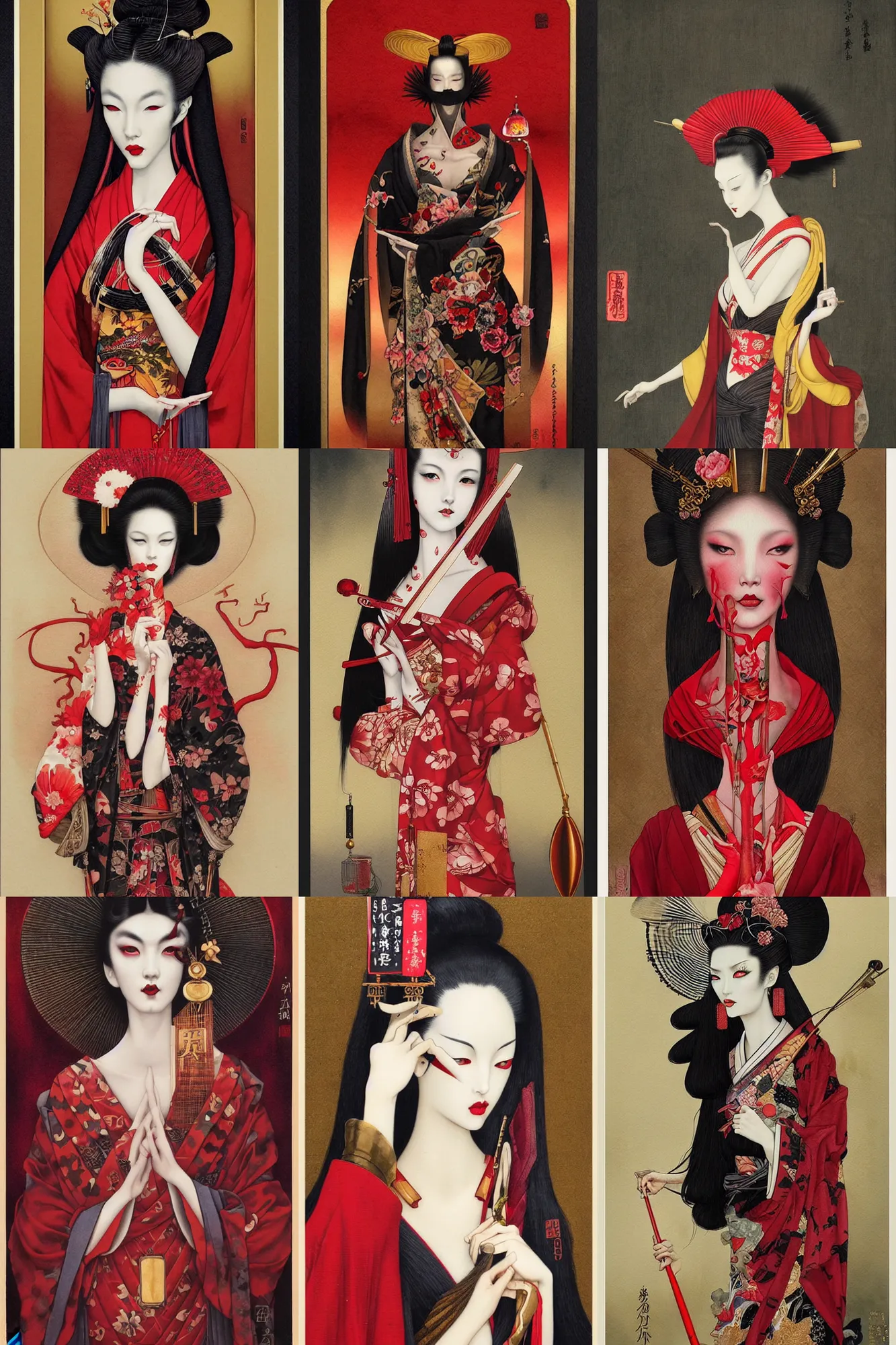Prompt: watercolor painting of a geisha with a long neck by tom bagshaw, ayami kojima, mark ryden in the style of thoth tarot card, red, gold black