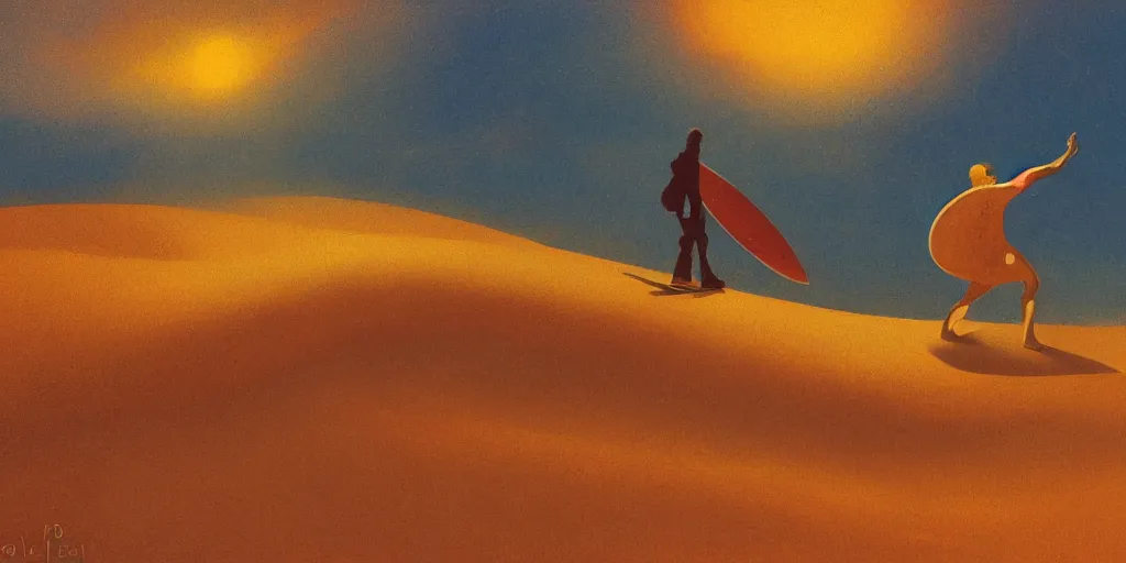Prompt: a fremen surfing on a sand dune, frank herbert, by Paul Lehr