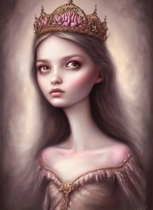 Image similar to portrait of an fairytale princess, beautiful face, hyper realistic, highly detailed, digital painting, artstation, illustration, concept art by nicoletta ceccoli and mark ryden, digital paint, matte paint, washed colors, eating cakes, dark, gloomy, foggy