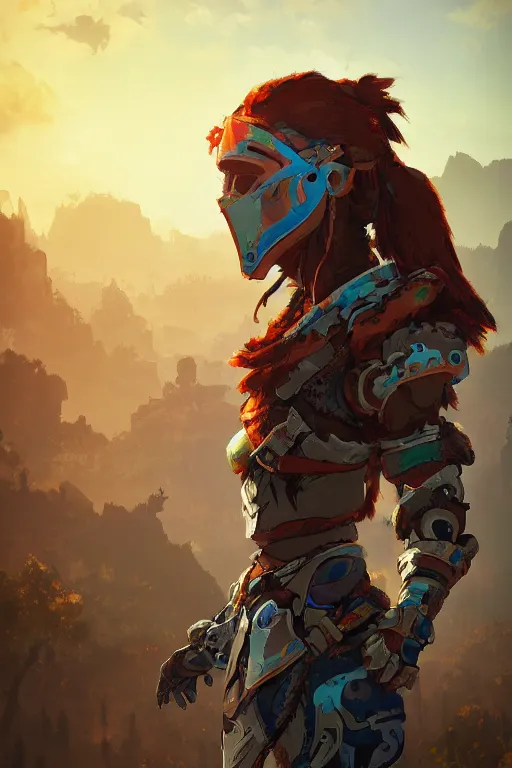 Image similar to combination suit armor aloy horizon forbidden west horizon zero dawn radiating a glowing aura global illumination ray tracing hdr fanart arstation by ian pesty and alena aenami artworks in 4 k tribal robot ninja mask helmet backpack