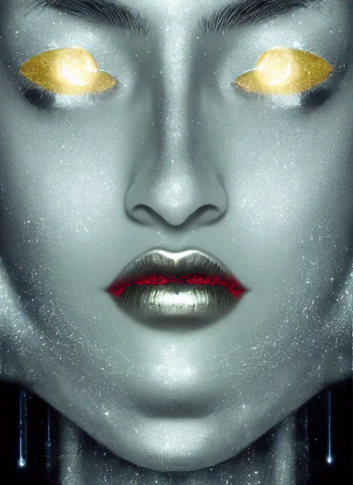 Image similar to glowing silver and golden elements, full close-up portrait, vector dark witch from unsplash, book cover, green forest, white moon, red lips, establishing shot, extremly high detail, photo-realistic, cinematic lighting, pen and ink, intricate line drawings, by Yoshitaka Amano, Ruan Jia, Kentaro Miura, Artgerm, post processed, concept art, artstation, matte painting, style by eddie mendoza, raphael lacoste, alex ross