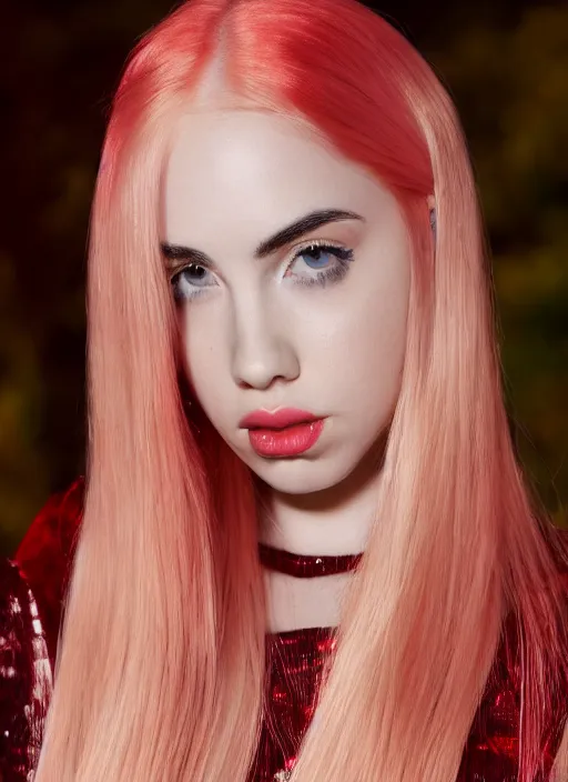 Image similar to ava max bright red hair photographed by charlotte rutherford, canon, highly realistic. high resolution. highly detailed. dramatic. 8 k. 4 k.