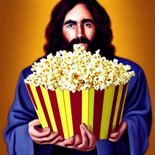 Image similar to jesus holding a big bucket of popcorn