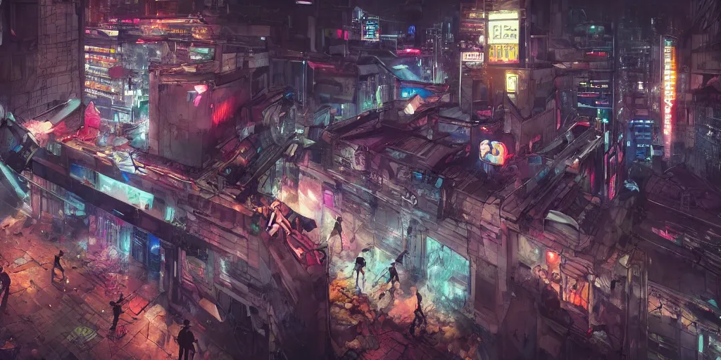 Image similar to cinematic shots of teenagers with tech clothing and hoods and tactical masks doing risky parkour on the rooftops of a dystopian city, neon lights, sci - fi, night lights, rain and haze, concept art, intricate, in the style of katsuhiro otomo, akira, unreal engine