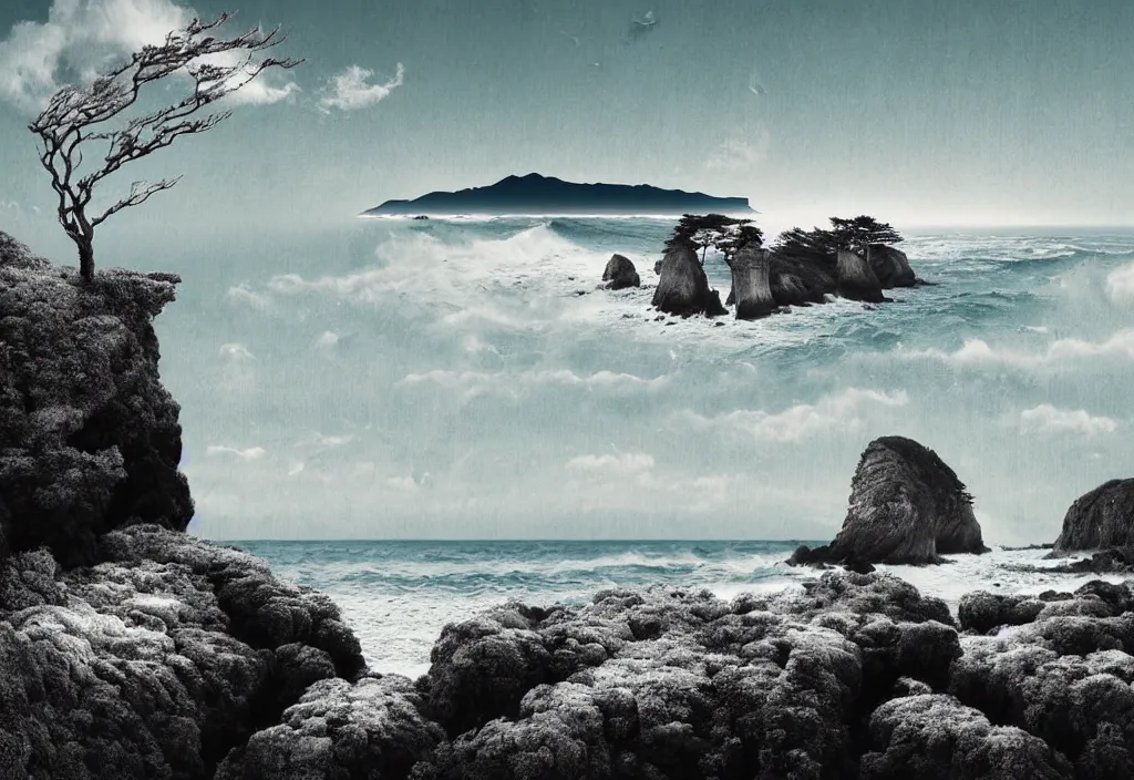 Image similar to low angle landscape seaside windswept trees on a hill overlook ocean waves crashing against rocks cliffs, tourist foreground, rural japan, a collage painting, in the style of wes anderson, lola dupre, david hockney, isolated on negative white space background dark monochrome fluorescent neon spraypaint accents volumetric octane render