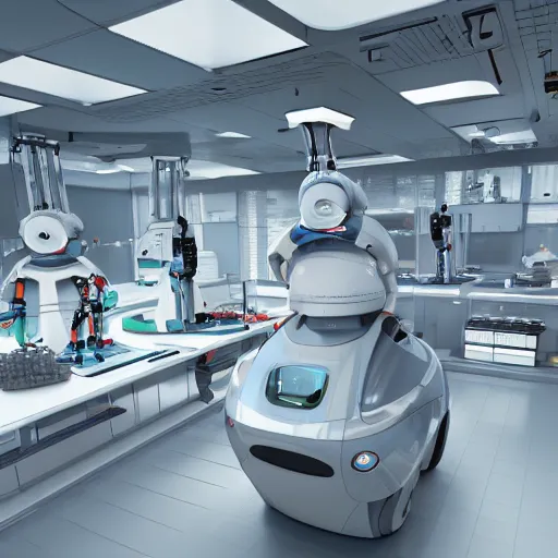 Image similar to futuristic science laboratory filled with robots, photorealistic, ultra - detailed, 4 k high resolution, hdr shot, unreal engine rendering