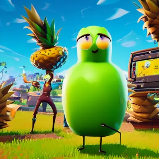 Prompt: anthropomorphic pineapple filled with beans, the bean - filled anthropomorphic pineapple is playing the video game fortnite, beans