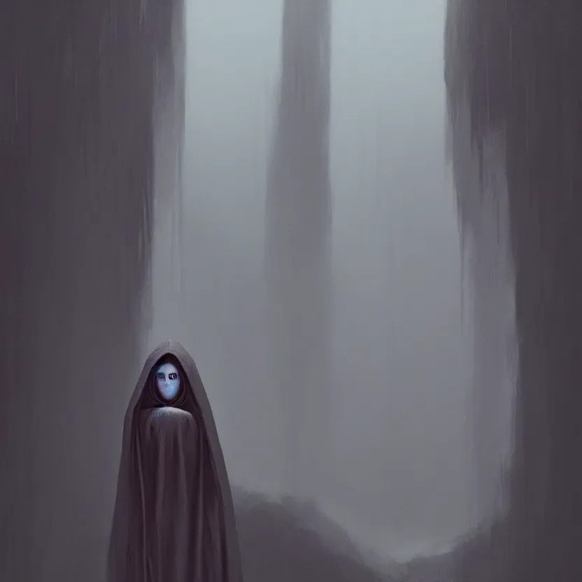 Image similar to A young woman wearing a hooded robe, anatomically correct, perfect face, cinematic lighting, candid, intricate, elegant, highly detailed digital painting, trending on Artstation, concept art, smooth, sharp focus, illustration and art by Beksinski, by Simon Stalenhag, anime-style