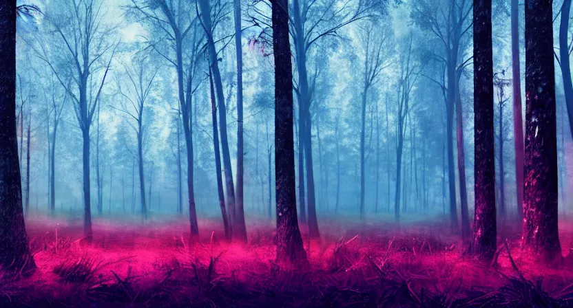 Image similar to national geographic photo of dark russian forest, soft colors, bright neon on trees, retro-futurism, atomic heart game concept render