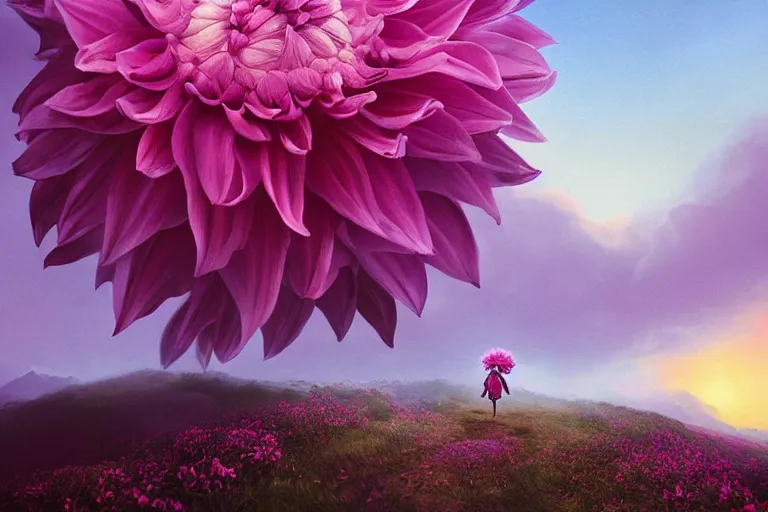 Image similar to giant dahlia flower crown under head, girl walking on dramatic mountain, surreal photography, pink storm clouds, sunset, impressionist painting, digital painting, artstation, simon stalenhag