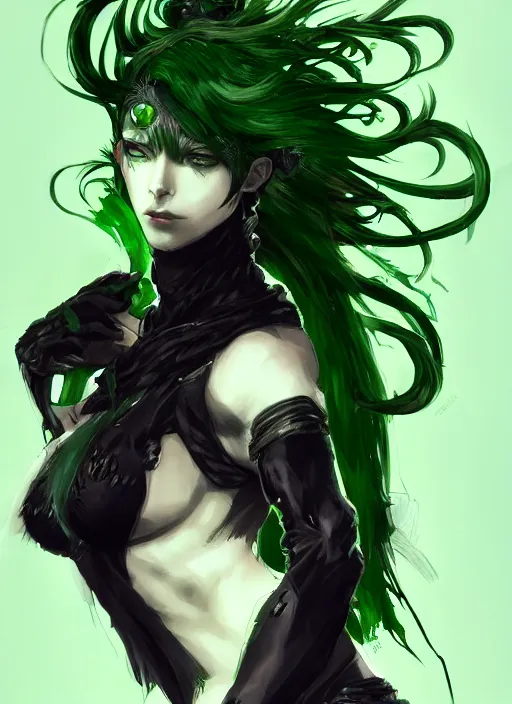 Image similar to Half body portrait of a beautiful dryad blood mage with green hair, black attire, blades for hands. In style of Yoji Shinkawa and Hyung-tae Kim, trending on ArtStation, dark fantasy, great composition, concept art, highly detailed.