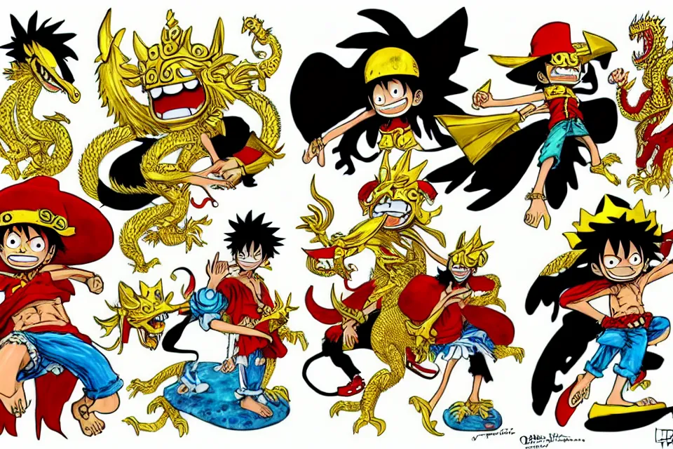 Image similar to concept sketches of luffy wearing a gold crown riding a large dragon by jamie hewlett, in the style of megaman, micro detail