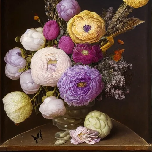 Image similar to still - life of bouquet of lilac and ranunculus with honeycomb bees and birds feathers, rachel ruysch, dark, moody