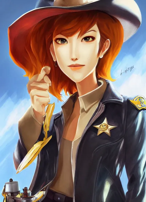 Image similar to full size persona, female sheriff, detail, ultra sharpness, beautiful female, detailed face, art by huyy nguyen, style by cain kuga, cowboy bebop art style