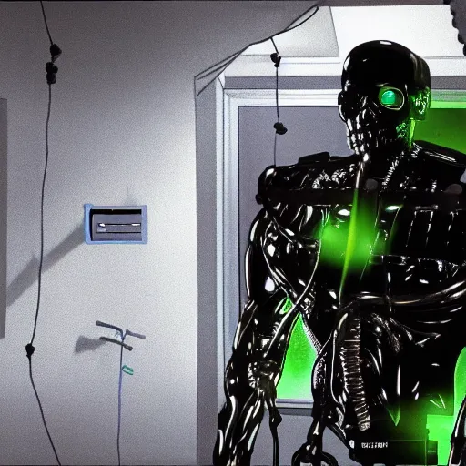 Image similar to photorealistic torso of a terminator with borg implants and a human face is hanging from cables and wires off the ceiling of an futuristic abandoned computer room and plugged into a quantum computer that's visible in the background. bottom half of the terminator's body is missing with cables sticking out. The Terminator is taking a sip from a cup of coffee. Tiny green led lights in the terminator's cybernetics. very detailed 8k. Cyberpunk horror style.