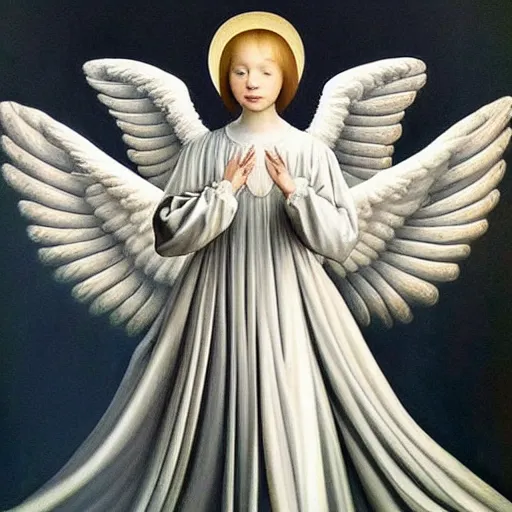 Image similar to highdetailed hyperrealistic painting of white angel!!! no gender smiling noface!!!, light instead of hands, white sparkles everywhere, 4 k hd face!!!, big silver high detailed wings!!!, renaissance, by jan van eyck, holography space, glow effect, large strokes, monochrome!!!!!