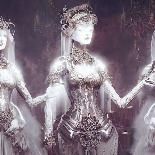 Image similar to female gothic robots with heart organ, dressed in white intricate baroque lace, veils and jewels, epic environment, matte painting, diffused lighting, highly detailed, cinematic, epic atmosphere, digital art, trending on artstation, wide angle