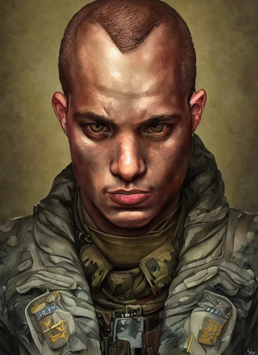 Prompt: handmade character portrait of a serious american soldier man, flowers growing on him, amaratyllis, hydrangea, chrysanthemum, hyacinth, in the style of artgerm and enki bilal and bastien lecouffe - deharme, wlop, line art, watercolor, cinematic lighting, hyperdetailed, hyperrealistic