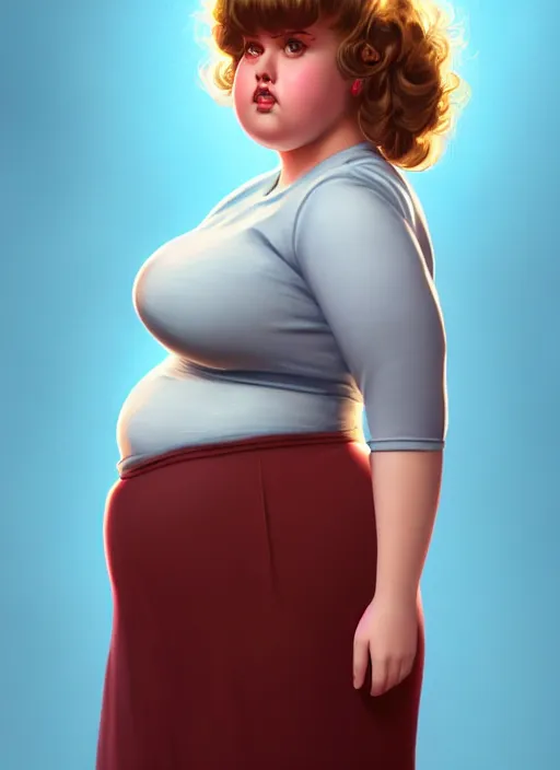 Prompt: full body portrait of teenage betty cooper, obese, bangs, sultry, realistic, sultry smirk, ponytail hairstyle, fluffy bangs, curly bangs, sky blue skirt, fat, belly, intricate, elegant, highly detailed, digital painting, artstation, concept art, smooth, sharp focus, illustration, art by wlop, mars ravelo and greg rutkowski