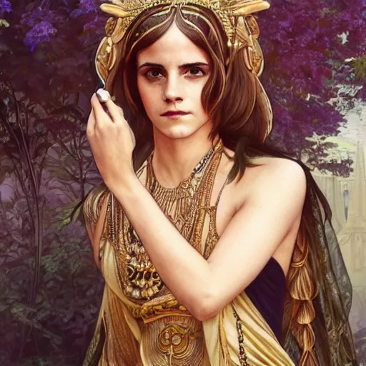 Image similar to Emma Watson as Cleopatra, cute, fantasy, intricate, elegant, highly detailed, digital painting, 4k, HDR, concept art, smooth, sharp focus, illustration, art by artgerm and H R Giger and alphonse mucha