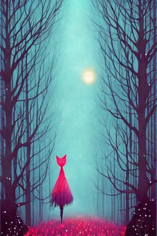Image similar to surreal, fantasy, fairytale animals, flowerpunk, mysterious trail through the forest, by andy kehoe