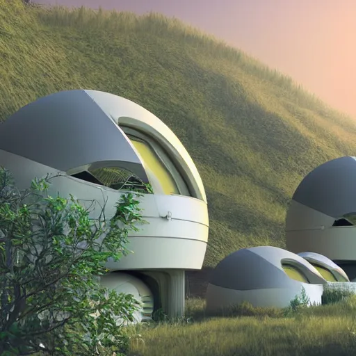 Image similar to beautiful happy picturesque charming organic futuristic sci - fi town of pod homes integrated in nature. beautiful light. grainy and rough. soft colour scheme. beautiful artistic vector graphic design art by lurid. ( 2 0 2 2 )